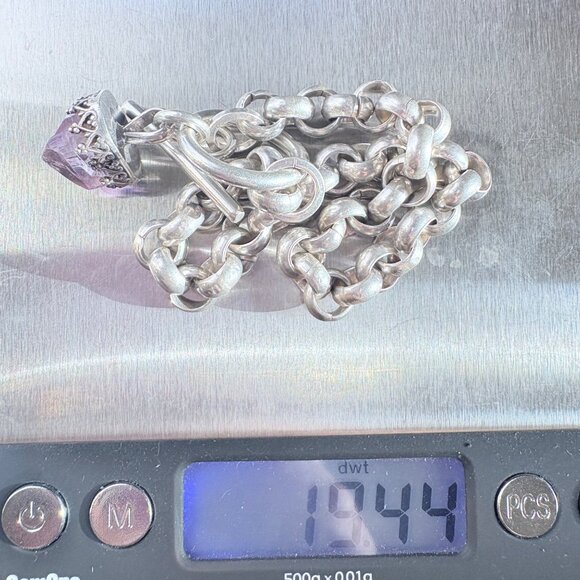 VTG Sterling Silver 925 Amethyst Round Link Bracelet Toggle Clasp Size 8" Length - Picture 9 of 12